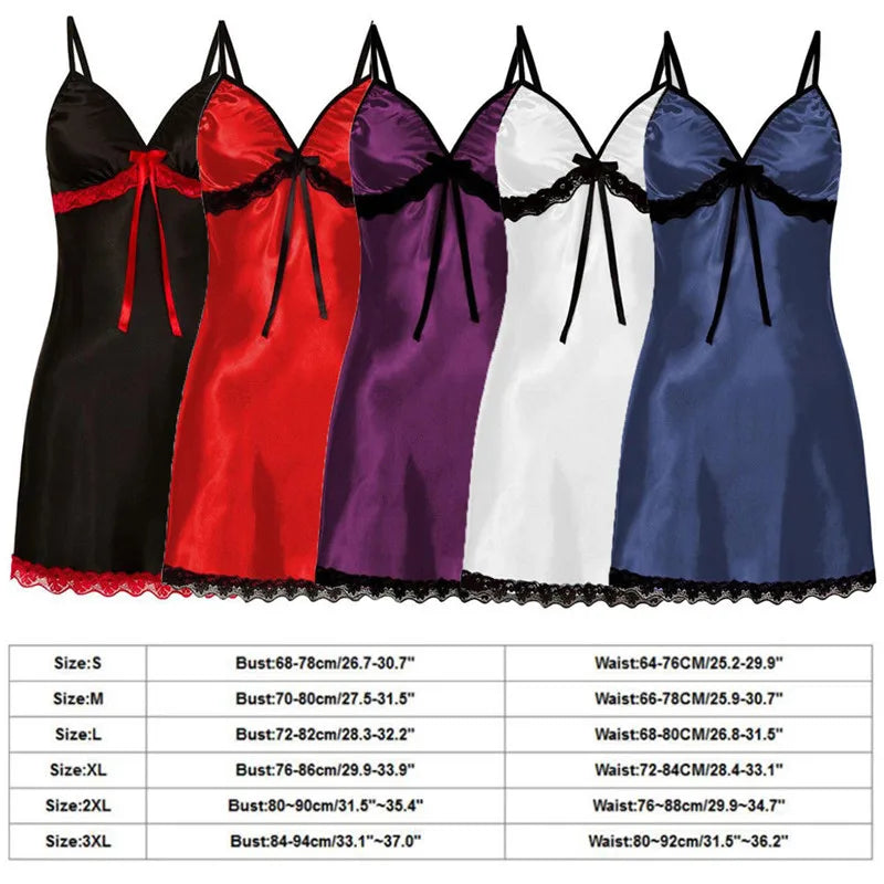 Women Sexy Lingerie Porno Sleepwear Sleep Dress Lace Silk Satin Nightdress Sleeveless Nighties V-neck Nightgown Nightwear