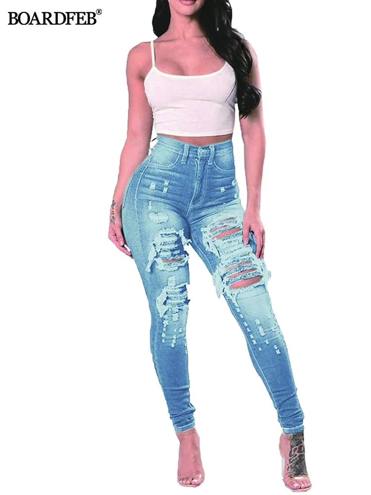 Women Ripped Jeans High Waist Stretch Skinny Slim Fit Female Pencil Y2K Pants Destroyed Denim Pants Ladies Casual Hole Trousers